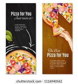 Realistic pizza with sausage and vegetables on chalk board and wooden background vertical banners isolated vector illustration