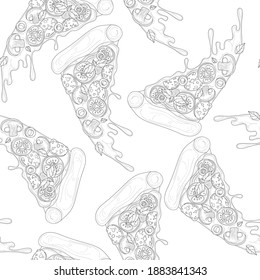Realistic pizza slice with tomato, mushroom and olives sketch seamless pattern template. Cartoon vector illsutartion in black and white for game, background, pattern, decor. Coloring paper, page, book