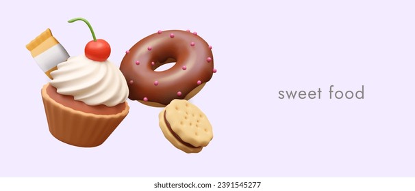 Realistic placard with muffin with white cream, donut with chocolate cream and round cookie. Vector illustration in realistic 3D style with purple background