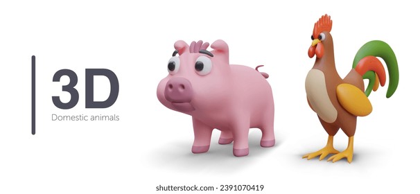 Cartel realista con cerdo rosado y gallo con plumas de colores en la cola. Animales, cultivando en la granja. Ilustración vectorial en estilo 3D con fondo blanco