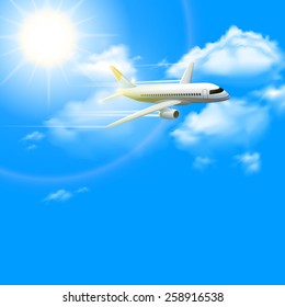 Realistic plane aircraft in blue sunny sky with clouds on background poster vector illustration