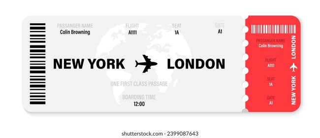 Realistic plane ticket design. Airline ticket vector illustration. Airline boarding pass ticket.