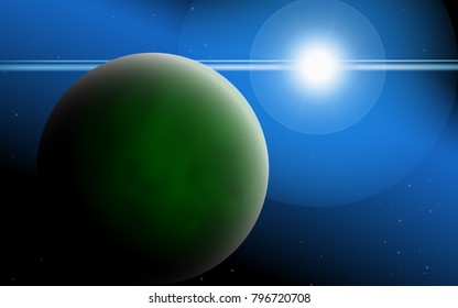 Realistic Planet. Bright Sunlight in the Cosmos. Beautiful Planet in Space. Realistic Planet for Banner, Poster, Card, Web Design, Presentation, Wallpaper. Stars. Space Abstraction. Solar System.
