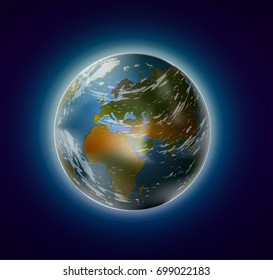 Realistic Planet Earth From Space With Clouds And Atmosphere, Vector