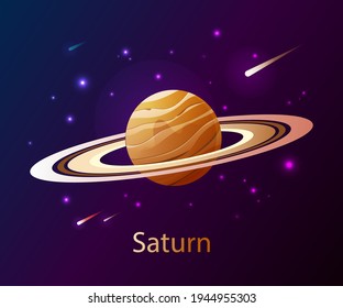 Realistic planet Saturn in dark space with stars and comets. Planet of the Solar System. Space decoration design.Astronomy. The sixth planet from the Sun. Vector illustration for design and banners.