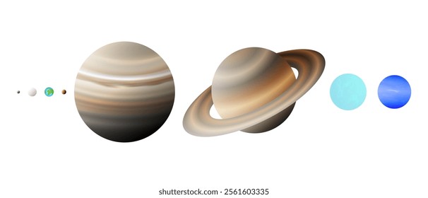 Realistic Planet Size Proportions or Comparison 3D Illustration of Planets of the Solar System