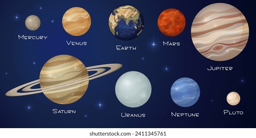 Realistische Planeten des Sonnensystems mit Bildunterschriften. Außenbereich mit leuchtenden Sternen. Erde, Merkur, Venus, Mars, Jupiter, Saturn, Uranus, Neptun, Pluto. Wirtschaftlichkeit, Bildung. Vektorgrafik.