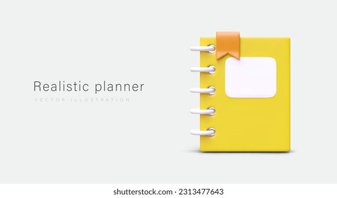 Realistic planner with yellow cover. Notebook with spine spring and bookmark. Blank space for title. Modern stationery. Cute vector image in cartoon style