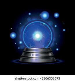Esfera plasmática realista magia composición de cristal bola mágica con iluminación eléctrica azul ilustración vectorial