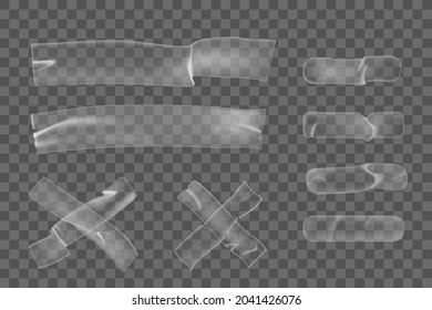Realistic plastic adhesive wrinkled tape pieces on transparent background. Cross crumpled glue plastic sticky tape for mock up. 3d realistic tape vector.