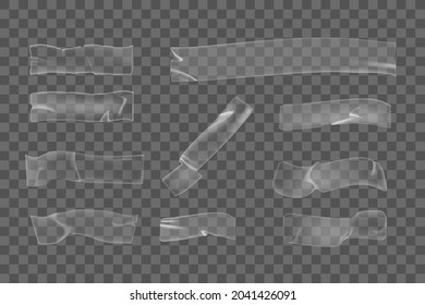 Realistic plastic adhesive wrinkled tape pieces on transparent background. Crumpled glue plastic sticky tape for mock up. 3d realistic tape vector.