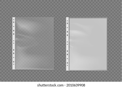 Realistic Plastic Bag For A4 Sheet. Punched Pocket Business File vector set.  Vector illustration on transparent background. 