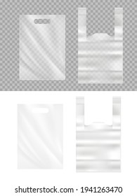 Bolsas de plástico realistas 3d vectorial mockup. Paquetes transparentes de polietileno con asa para productos o basura aislados en fondo blanco. Embalaje vacío realista, bolsas de transporte de supermercados vista superior