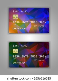 Realistic plastic Bank card vector template. Background color Blue, red, green, multicolor, bright. Triangle pattern.