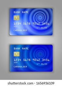 Plantilla vectorial de tarjeta bancaria de plástico realista. Gradiente de espiral de la figura. Color de fondo
