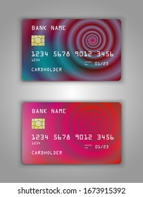 Realistic plastic Bank card vector template. Figure spiral gradient. Background color multicolor, pink, green, bright, beauty, art.