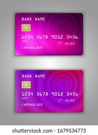 Realistic plastic Bank card vector template. Figure spiral gradient. Background color pink, purple, cosmetics, beauty, perfumes, women, art