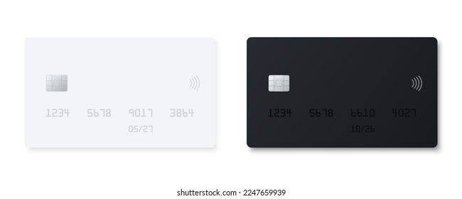 Realistic plastic bank credit card set. Mockup design of white and black plastic debit card with emv chip and contactless payment sign. Wireless online payment concept. 3d vector illustration