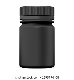 Realistic plastic bottle. Black 3d Vector illustration. Mock Up Template set of medicine package for pill, capsule, drug.