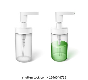 Realistic plastic bottle with dispenser pump, full and empty container with green liquid soap, lotion, cream, shampoo, bath foam on white background Template vector illustration