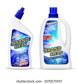 Realistic Plastic Bottle Mockup With Label, Antibacterial Gel Laundry Detergent For Cleaning Bathroom, Liquid Soap Toilet Cleaner. White Package Design For Your Brand. Vector Illustration