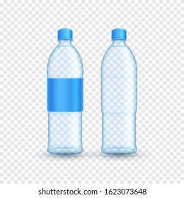 Realistic plastic bottle templates. Vector illustration with 3d transparent bottle with water and blue blank sticker.