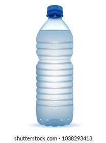 Realistic plastic bottle with water with close blue cap on white background. Vector illustration