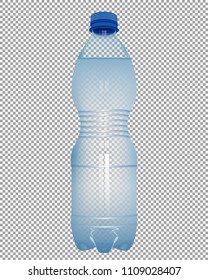 Realistic plastic bottle with water with close blue cap on transparent background. Vector illustration