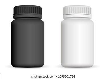 Realistic plastic bottles. Black and white 3d Vector illustration. Mock Up Template set of medicine package for pills, capsule, drugs.