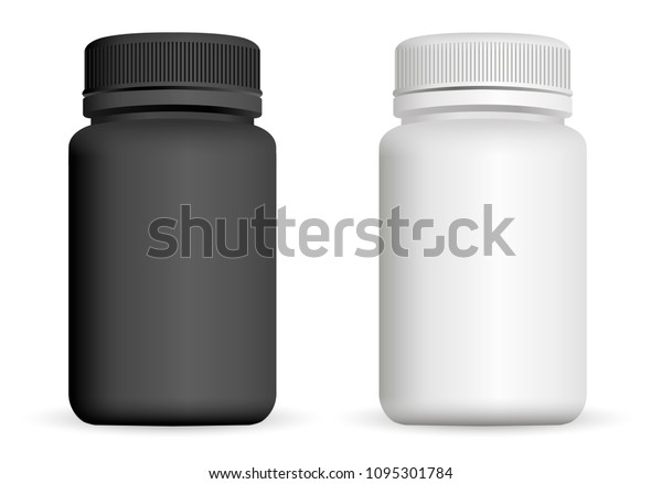 リアルなペットボトル 白黒の3dベクターイラスト 丸薬 カプセル 薬物用の薬剤パッケージのモックアップテンプレートセット のベクター画像素材 ロイヤリティフリー