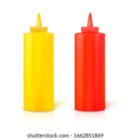 Realistic plastic bottles for ketchup and mustard isolated on white background. Vector 3d illustration