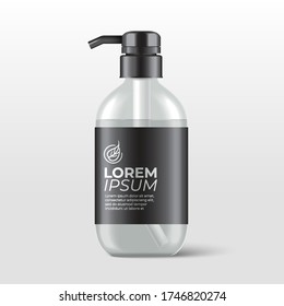 Realistic plastic bottles with pump dispenser for skincare product : shower gel, shampoo, cream or lotion : Vector Illustration