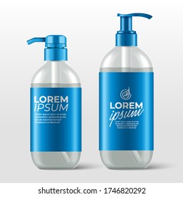 Realistic plastic bottles with pump dispenser for skincare product : shower gel, shampoo, cream or lotion : Vector Illustration
