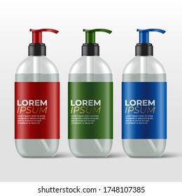 Realistic plastic bottles with pump dispenser for skincare product : shower gel, shampoo, cream or lotion : Vector Illustration