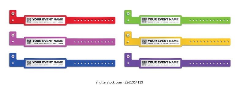 Realistic plastic bracelet event access set with isolated colorful images of wearable bands with editable text vector illustration