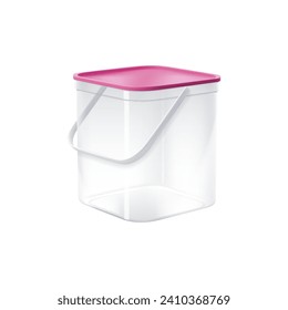 Realistic plastic bucket, container or bin. Isolated 3d vector transparent empty pail with handle and pink lid. Empty square package template for storage of foodstuff, paint or plaster, front view