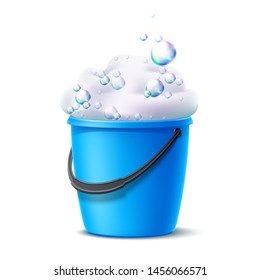 Realistic plastic bucket with soapy foam with colorful bubbles for household chores, floor mopping, dust cleaning design. Vector housework container. Blue bucket for cleaning and washing.