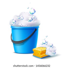 Realistic plastic bucket and sponge with soapy foam with colorful bubbles for household chores, floor mopping, dust cleaning design. Vector housework container. Blue bucket for cleaning and washing.