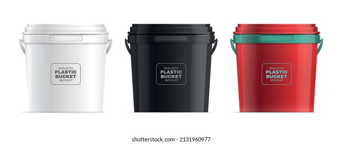 Realistic plastic buckets set in white black and red colors isolated vector illustration