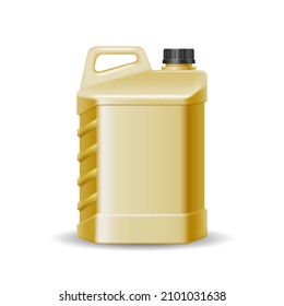 Realistic plastic canister for chemicals, liquid soap, disinfectant packing and storage. Jerrycan bottle with screw lig and handle. 3d vector illustration