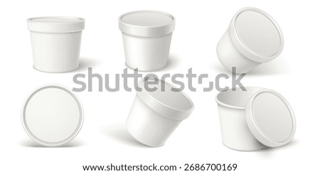 Realistic plastic container bucket with lid for ice cream, jams and other products. 3D package mock up of white round container with cap. Template design vector set with shadow