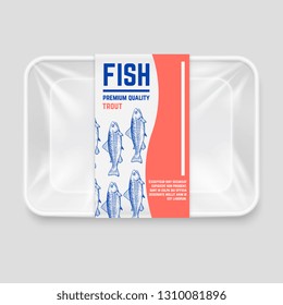 Realistic plastic container with hand drawn fish label vector design