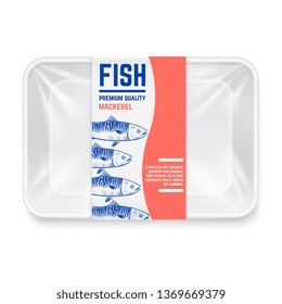 Contenedor de plástico realista con diseño vectorial de la etiqueta de pescado de caballa dibujada a mano