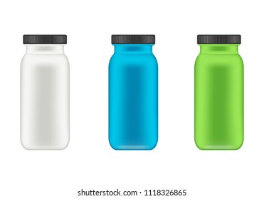 Realistic plastic container for whey protein and gainer. Mockup bottle. Realistic packaging mockup template. Sport bottles for gym bodybuilding. Vector illustrations.