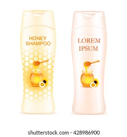 Realistic Plastic cosmetic bottle. Packaging design of Honey shampoo or  shower gels. Vector illustration.