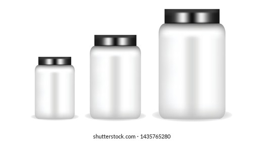 Realistic plastic cosmetics jar, container for vitamins and supplements vector illustration set on white background. Mock Up for cosmetics products