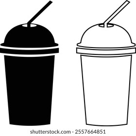 Realistic plastic cup icon set. Black flat and line vector collection isolated on transparent background coffee container with straw, water juice and cocktail cup mockup. Vector disposal containers.