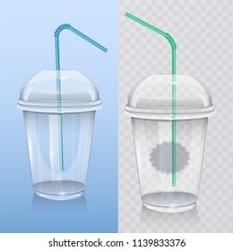 Realistic plastic cup for milkshake and lemonade and smoothie. Vector eps 10 Illustration on transparent background.