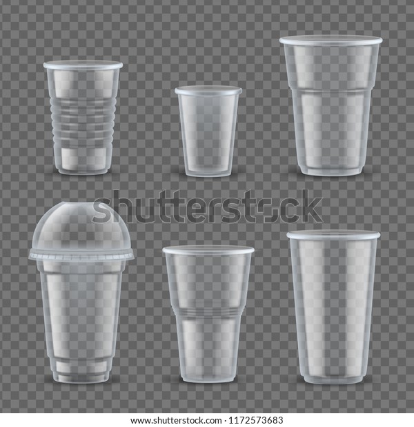 Realistic plastic cups mockup set.\
Containers to hold beverages empty with copyspace for text or logo,\
tableware and disposable food packaging. 3d plastic cup isolated\
vector illustration.