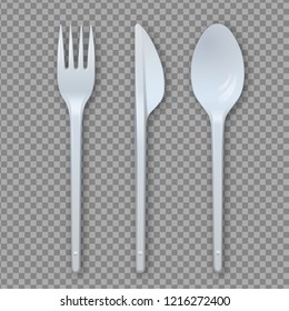 Realistic Plastic Cutlery Set, Fork, Knife, Spoon. Kitchen Equipment Used For Eating Or Serving Food. Vector 3D Illustration